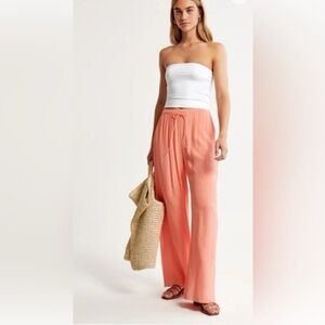 Abercrombie & Fitch Peach Pull On Drawstring Wide-Leg Crinkle Pants Sz Medium